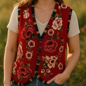Vintage-Inspired Red Floral Knit Vest
